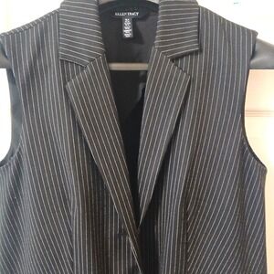 ELLEN TRACY Women Black Pin Stripe Sleeveless Formal Long Coat Button Front NWOT